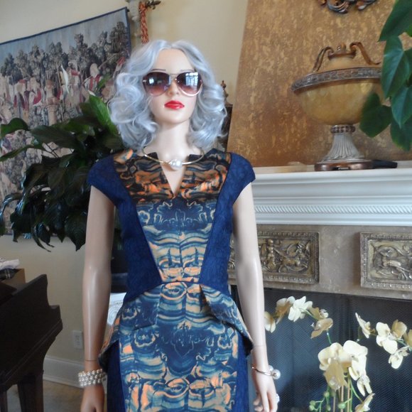 New Fotini Navy Blue Lace Dress w/Orange-Blue Abstract Print Inserts Size 8 - Picture 6 of 16